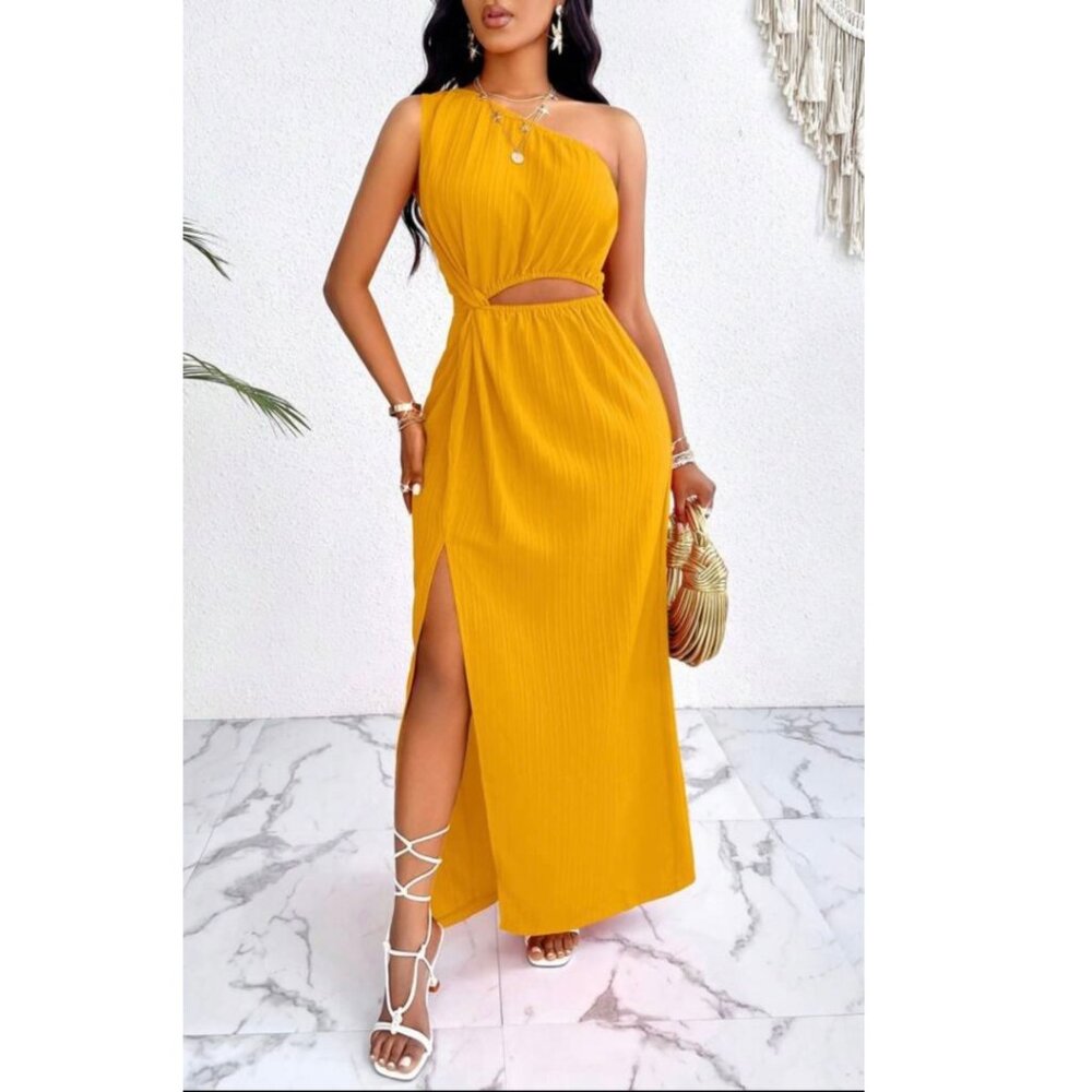 One Shoulder Maxi Sundress Mustard Yellow Small NIB